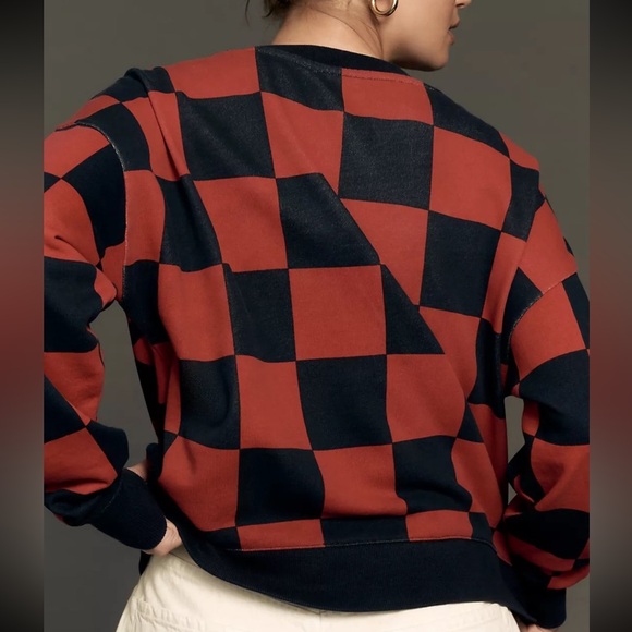 Anthropologie Maeve Large Red and Black Checkered Printed‎ Crew Sweatshirt - Picture 3 of 7